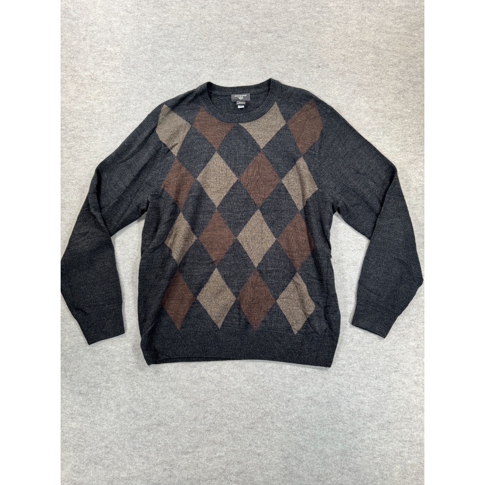 Dockers Sweater Mens XL Charcoal Gray Argyle Diamond Crew Neck Pullover Casual
